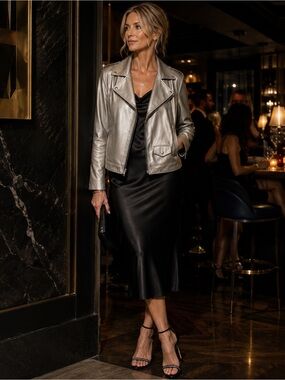 DKNY Metallic Silver Vegan Leather Moto Jacket